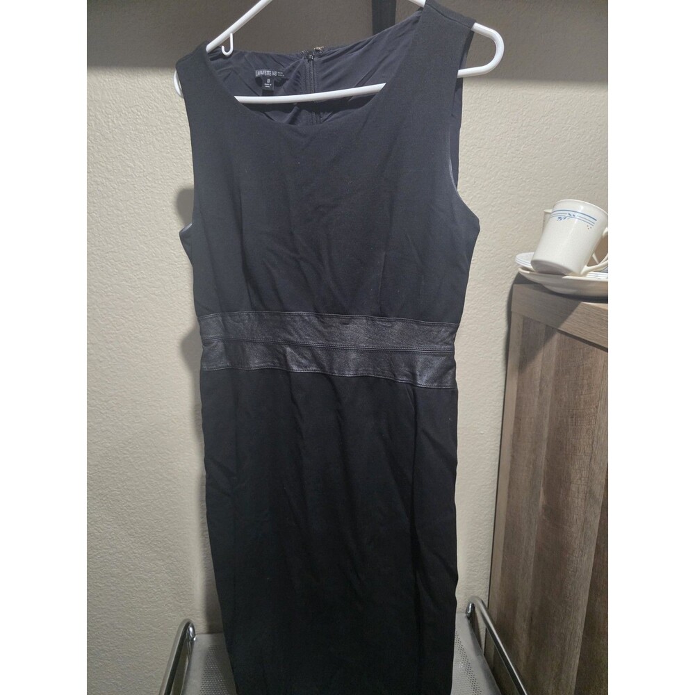 Lafayette 148 New York Womens Black Sleeveless Shift Dress Leather Size 10